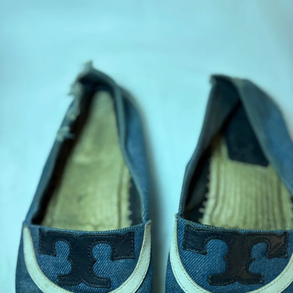Tory Burch Denim Espadrille Flats Blue Logo Slip On Shoes 8M
